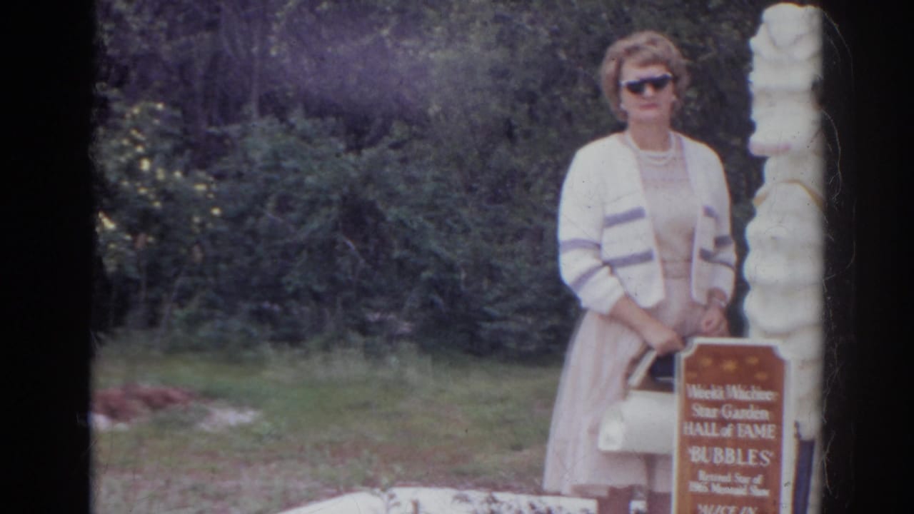 A woman in sunglasses stands beside a white seahorse statue and a Weeki Wachee Star Garden Hall of Fame sign.