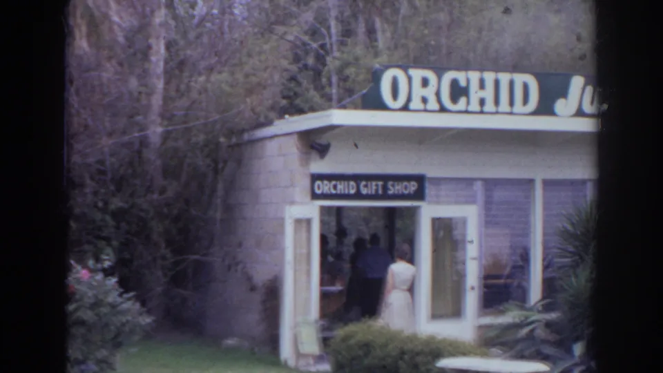 Orchid Gift Shop facade at Orchid Jungle Gardens in Norfolk, Virginia, with open entrance doors and surrounding plants.