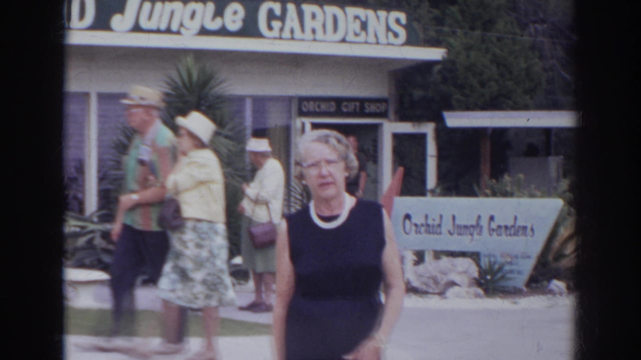 At Orchid Jungle Gardens in Norfolk, Virginia, a woman in a blue dress and white necklace stands near the entrance while visitors pass by.