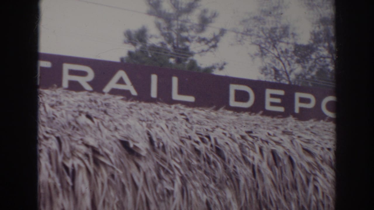 Partial RAIL DEPOT sign above a thatched roof with trees behind it.