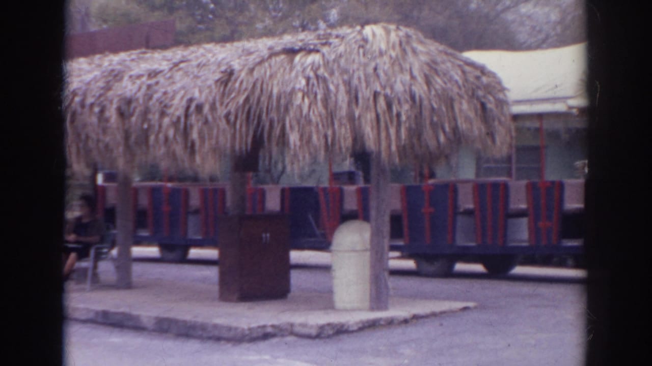 Open train cars parked near a thatched-roof shelter.