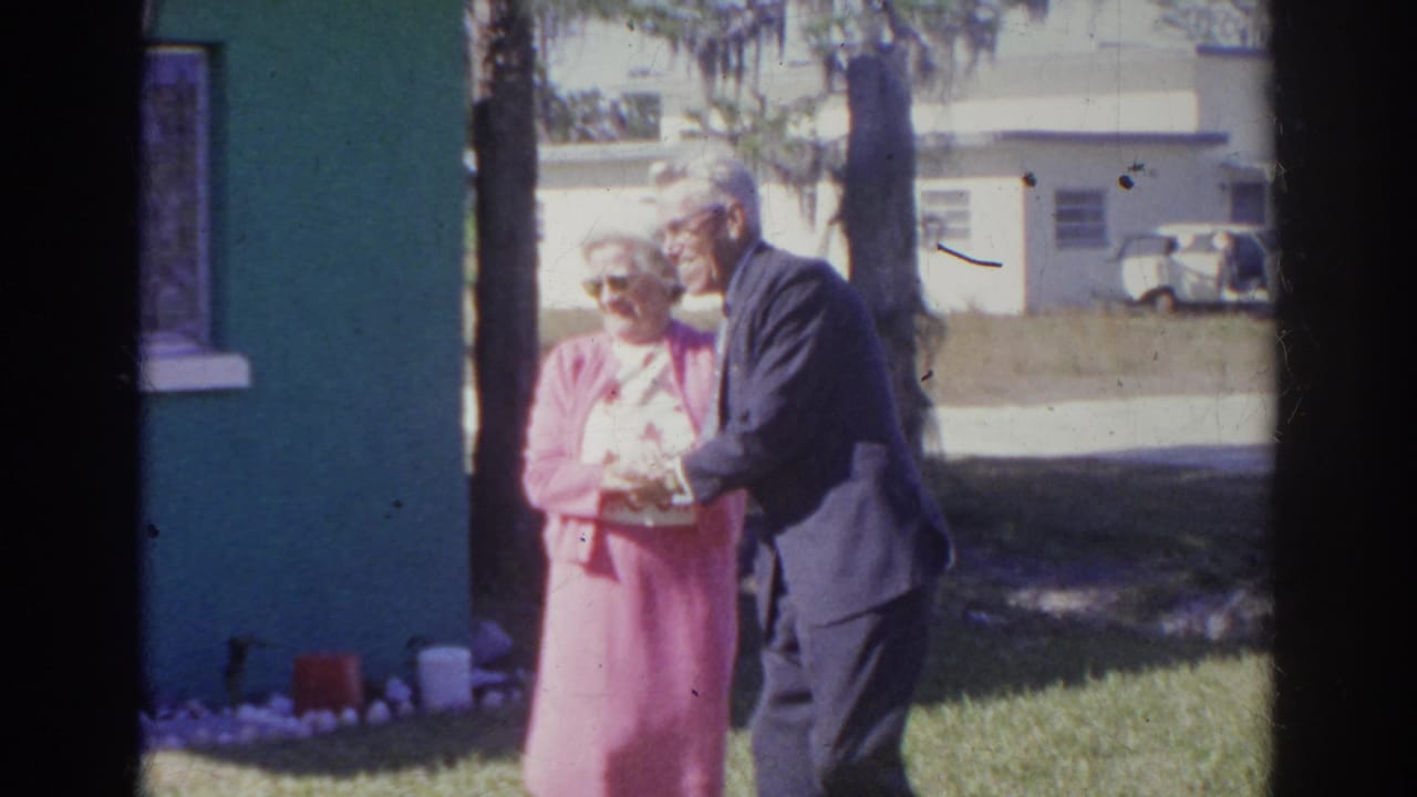 Older couple standing on a lawn beside a green house in bright daylight.
