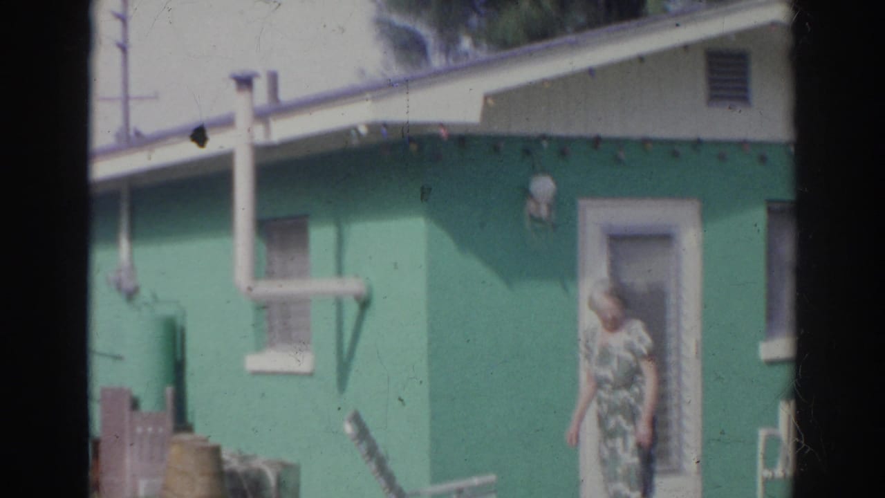 A woman in a patterned dress stands or walks near the door of a green house in the 1966 Norfolk yard scene.
