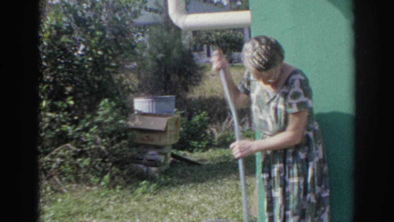 1966 Norfolk frame of a woman holding a broom by green house siding, with shrubs, grass, and a small yard area behind her.