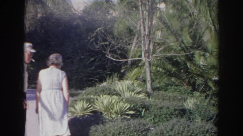 In supported 1966 Norfolk home-movie footage, two women walk along a landscaped path bordered by palms, shrubs, and garden plantings.