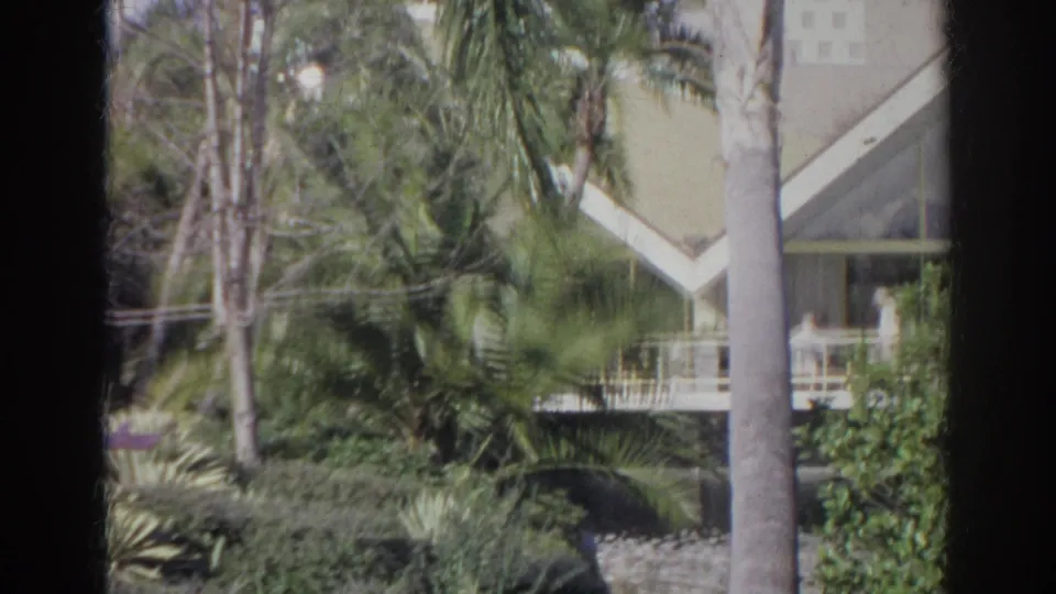 The closing frame shows palms, shrubs, a nearby building balcony, and a white swan within the supported Norfolk garden setting.