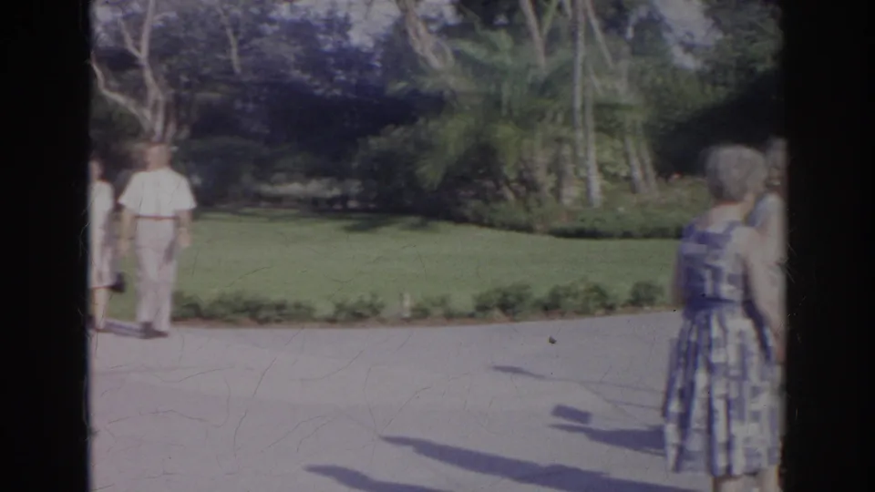 Home-movie view of adult visitors moving through a landscaped Norfolk attraction area with lawns and palm-like trees.
