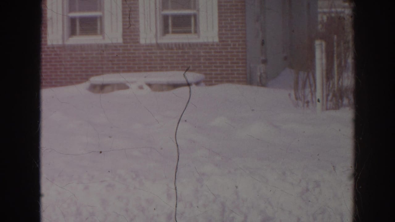 Snow-covered yard in front of a brick house with windows and white trim.