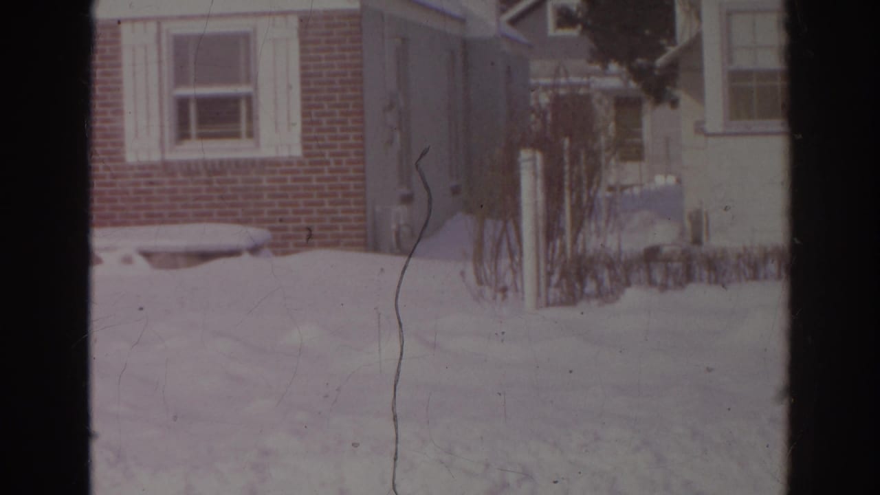 Snowy residential yard with brick siding, a doorway, and a window.