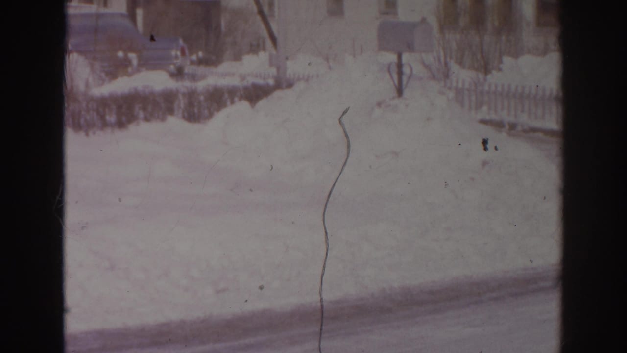1966 Norfolk suburban winter view with a snowbank, roadside mailbox, fence, and houses beyond the street.