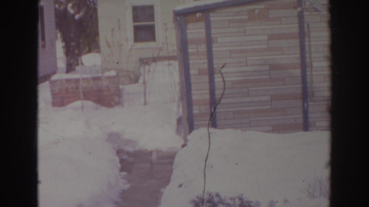 Snow-covered backyard with a cleared path beside a small shed and house exterior.