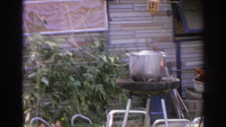 1966 Norfolk backyard patio view with a metal pot on a grill, leafy growth, brick siding, and dark foreground obstruction.