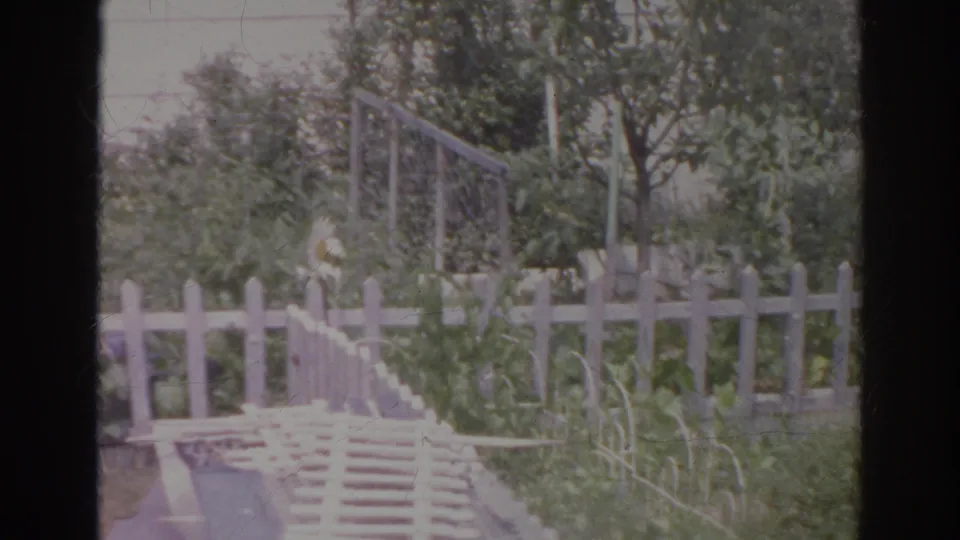 1966 Norfolk home-movie frame showing a sunlit backyard with white picket fence, planted garden area, and a wooden ramp.