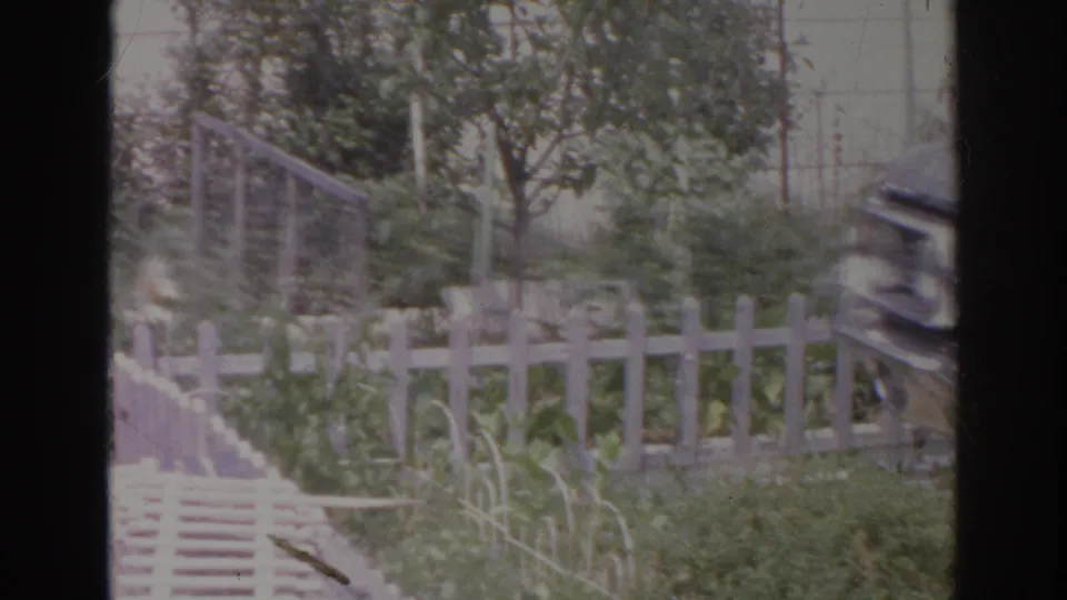 1966 Norfolk home-movie frame with a white backyard fence, greenery, trees, and a partial structure at the edge of the frame.