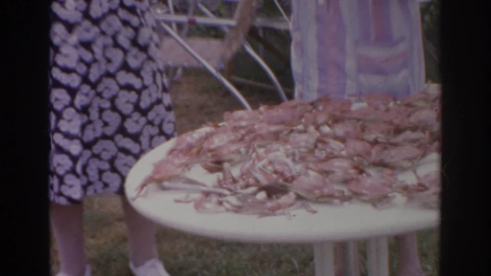 Two women stand beside a round outdoor table covered with fresh crabs in a 1966 Norfolk backyard home movie.