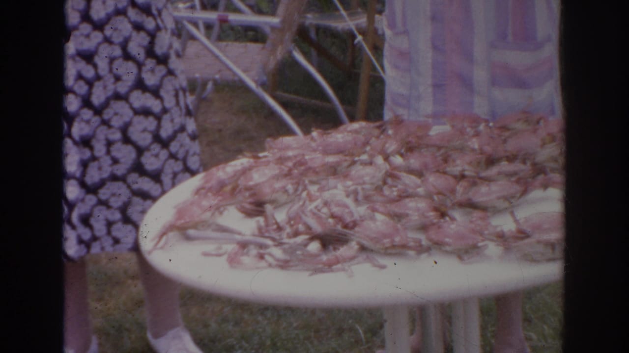Norfolk, Virginia 1966 home-movie frame of adults near a white outdoor table covered with cooked crabs.