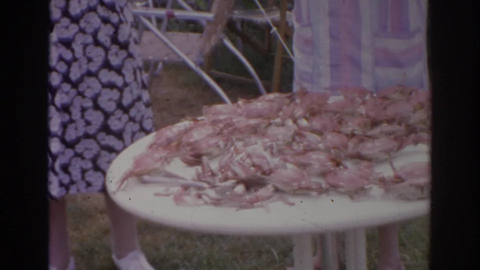 Norfolk, Virginia 1966 home-movie frame of adults near a white outdoor table covered with cooked crabs.
