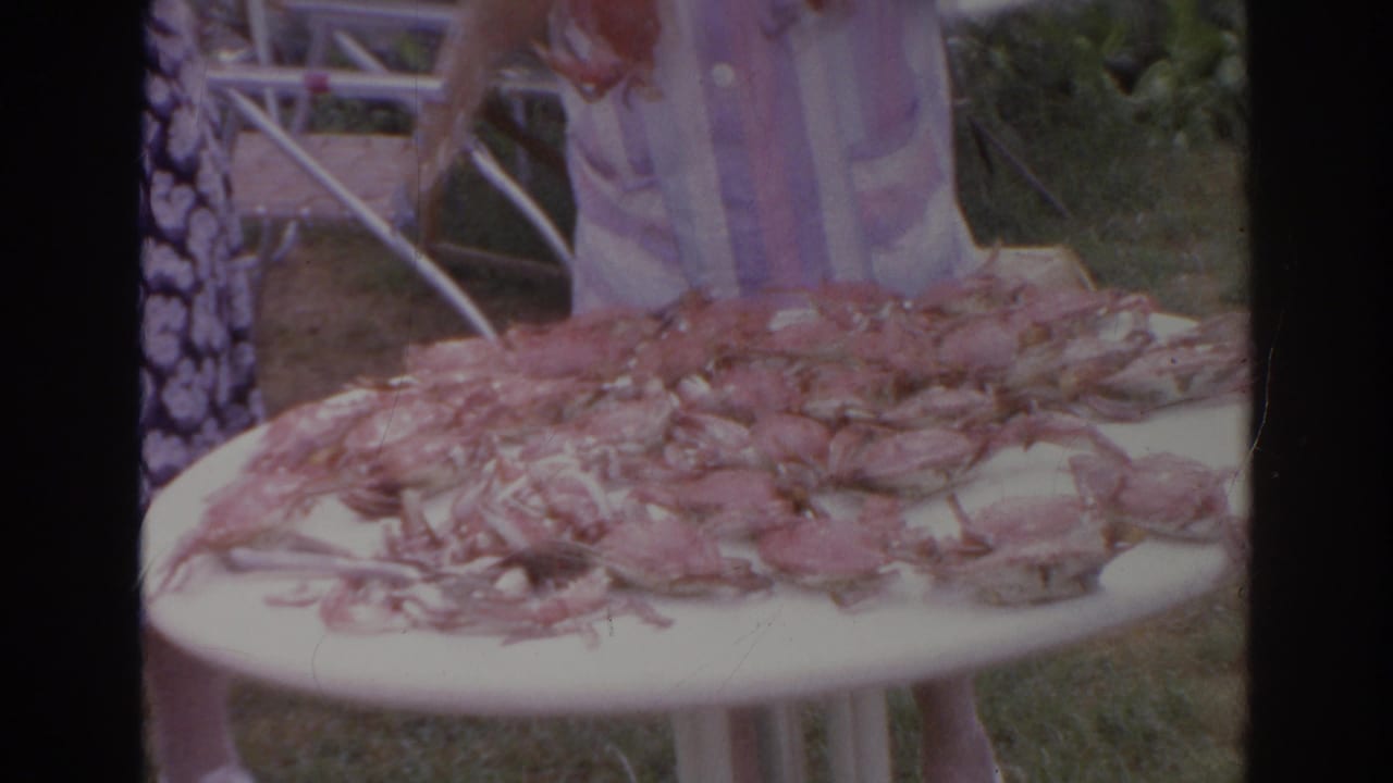 A 1966 Norfolk home-movie frame shows a person placing or reaching toward crabs on a white lawn table.