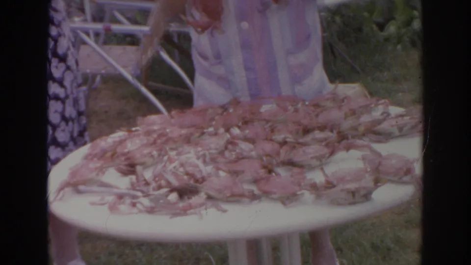 A 1966 Norfolk home-movie frame shows a person placing or reaching toward crabs on a white lawn table.