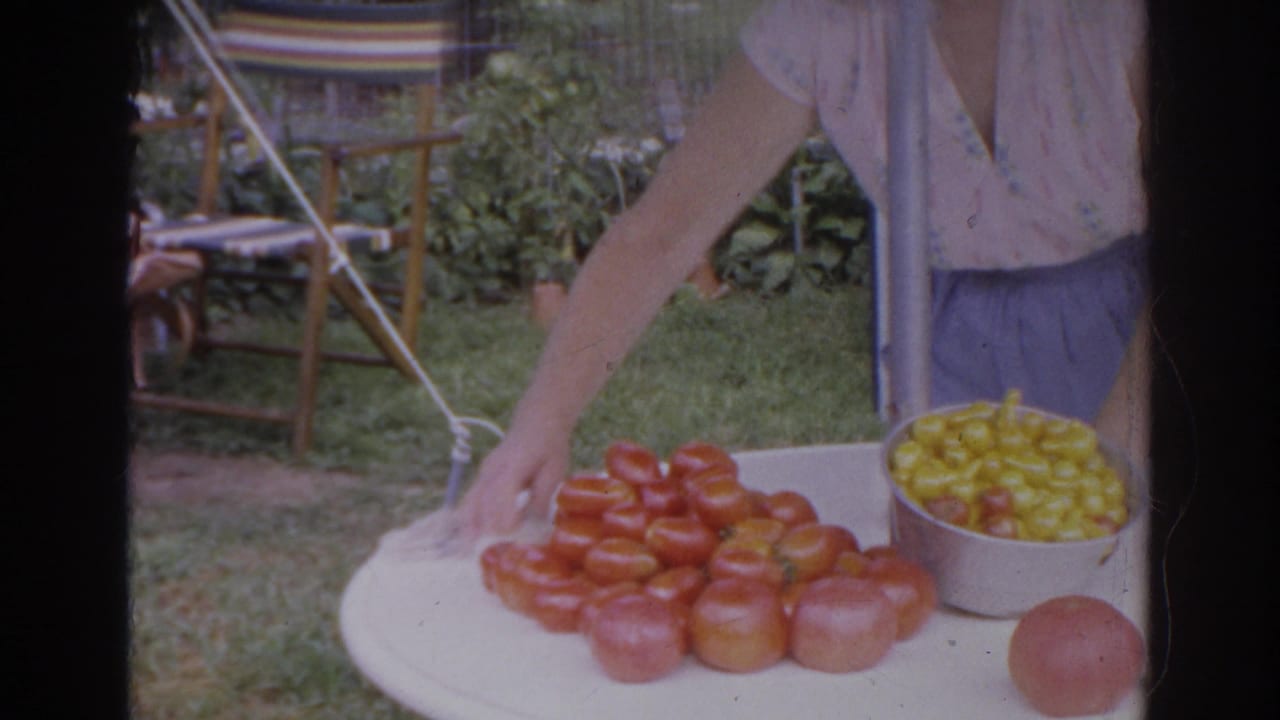 Woman reaching toward tomatoes arranged on a white outdoor table.