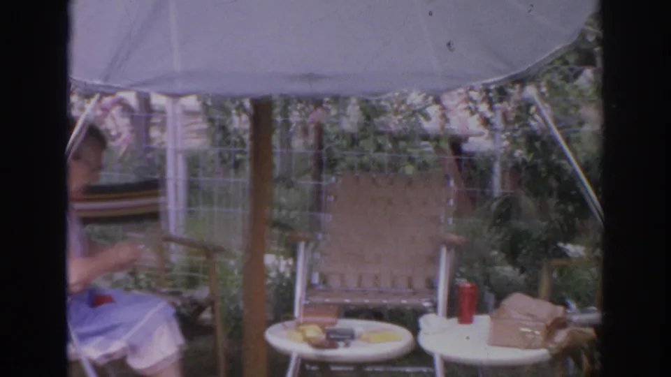A wider backyard view shows the umbrella, lawn chairs, small tables, snacks, and the seated woman partly obscured at left.