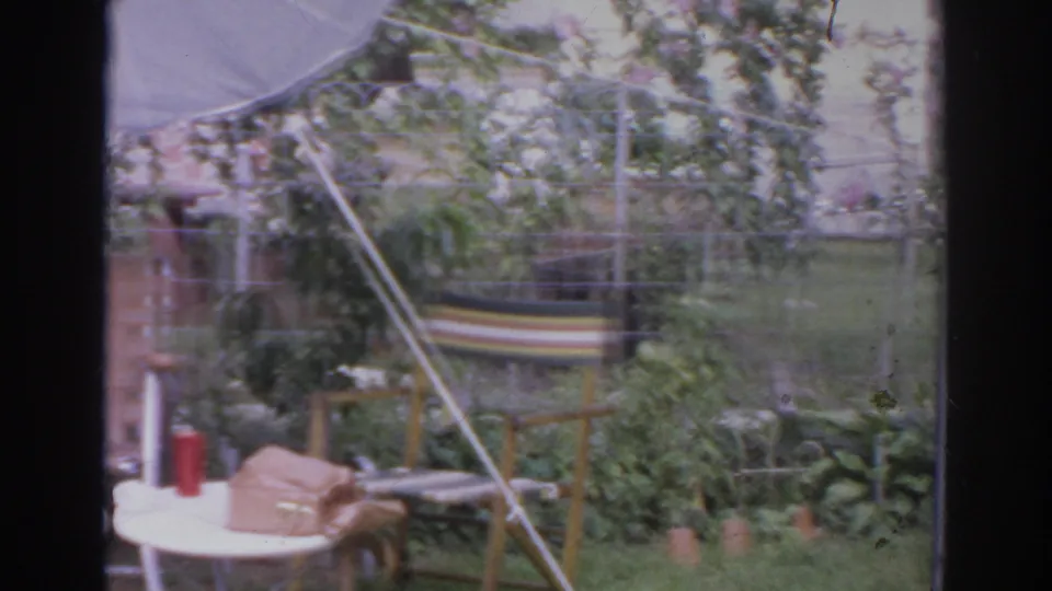 Norfolk 1966 home-movie frame showing patio tables beneath a white umbrella, a purse and thermos, dense vines, trellis, and grass.