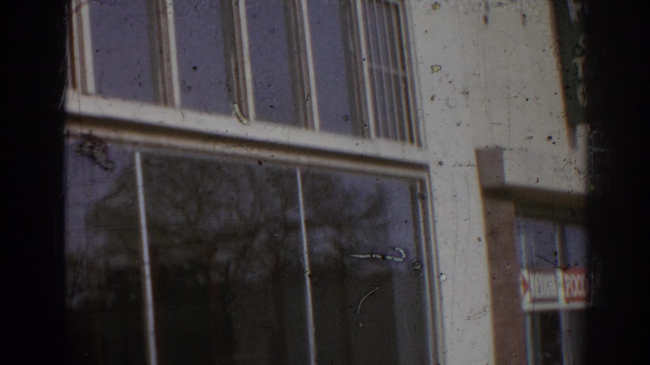 Glass storefront windows with dark film edge and tree reflections.