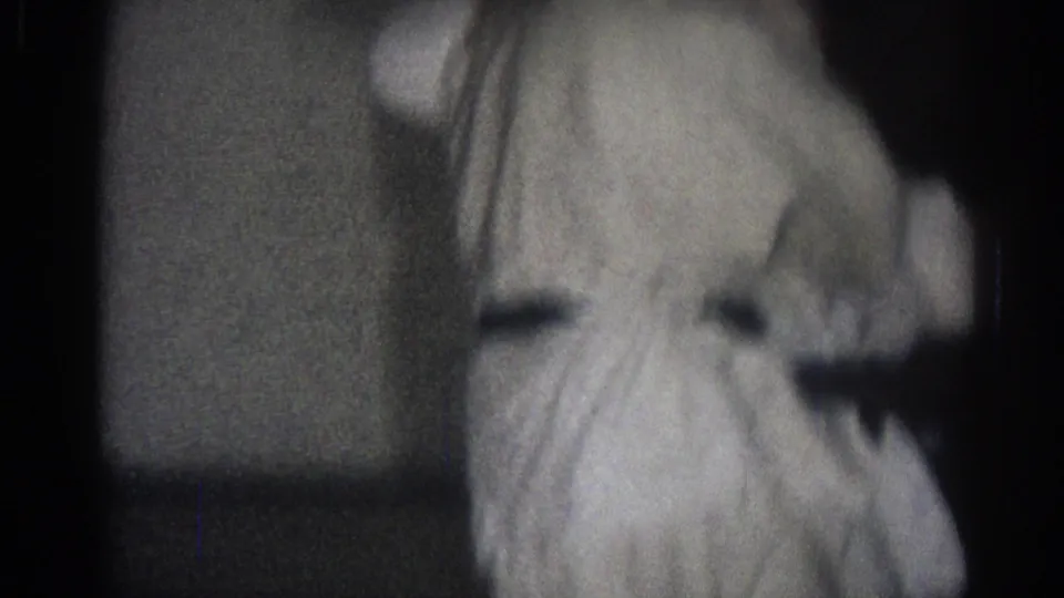 1966 San Gabriel home-movie frame showing two martial arts practitioners in white uniforms, partially blurred in a dim studio.