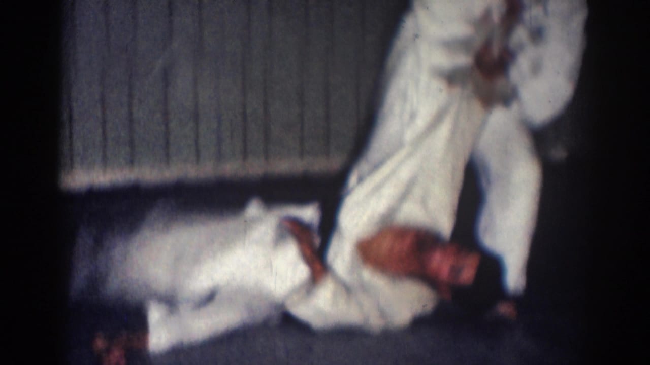 A martial artist throws another man across a dark mat during practice.