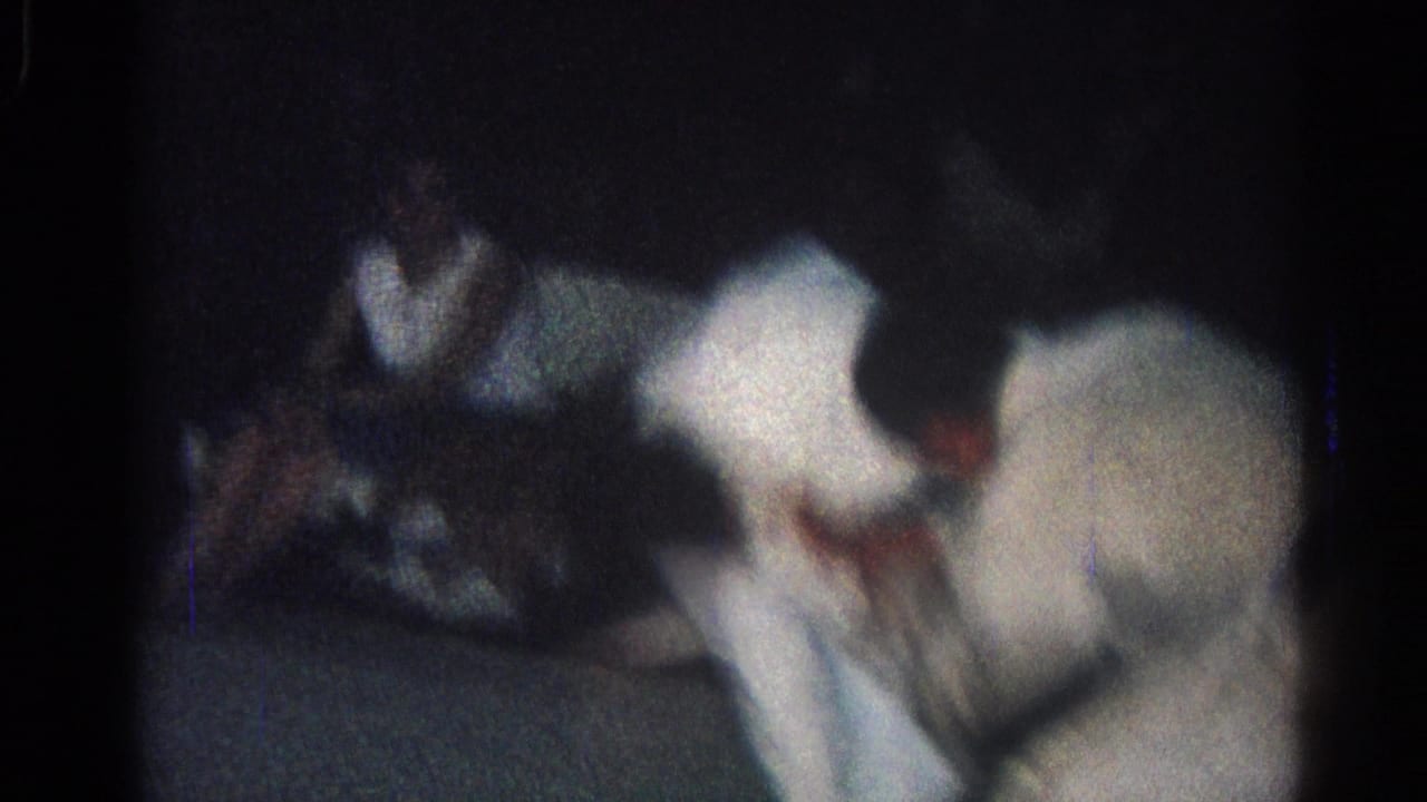 Two adults in white martial arts uniforms grapple on a dark mat.