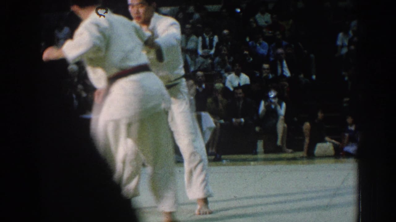 Martial artists grapple on a mat while spectators sit in the background.