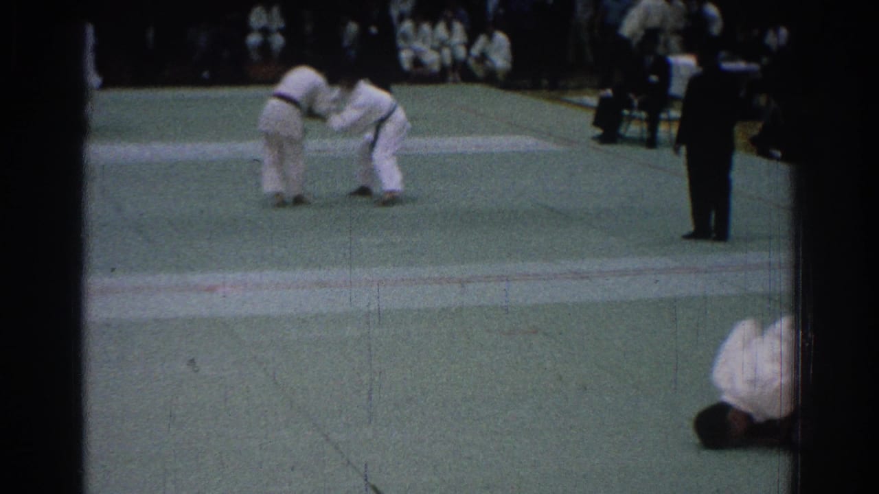 Two fighters in white gi grapple on a green mat while spectators sit behind them.