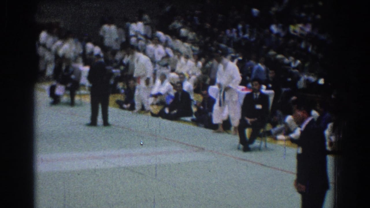 Karate athletes in white gi stand near judges and spectators around a green mat.