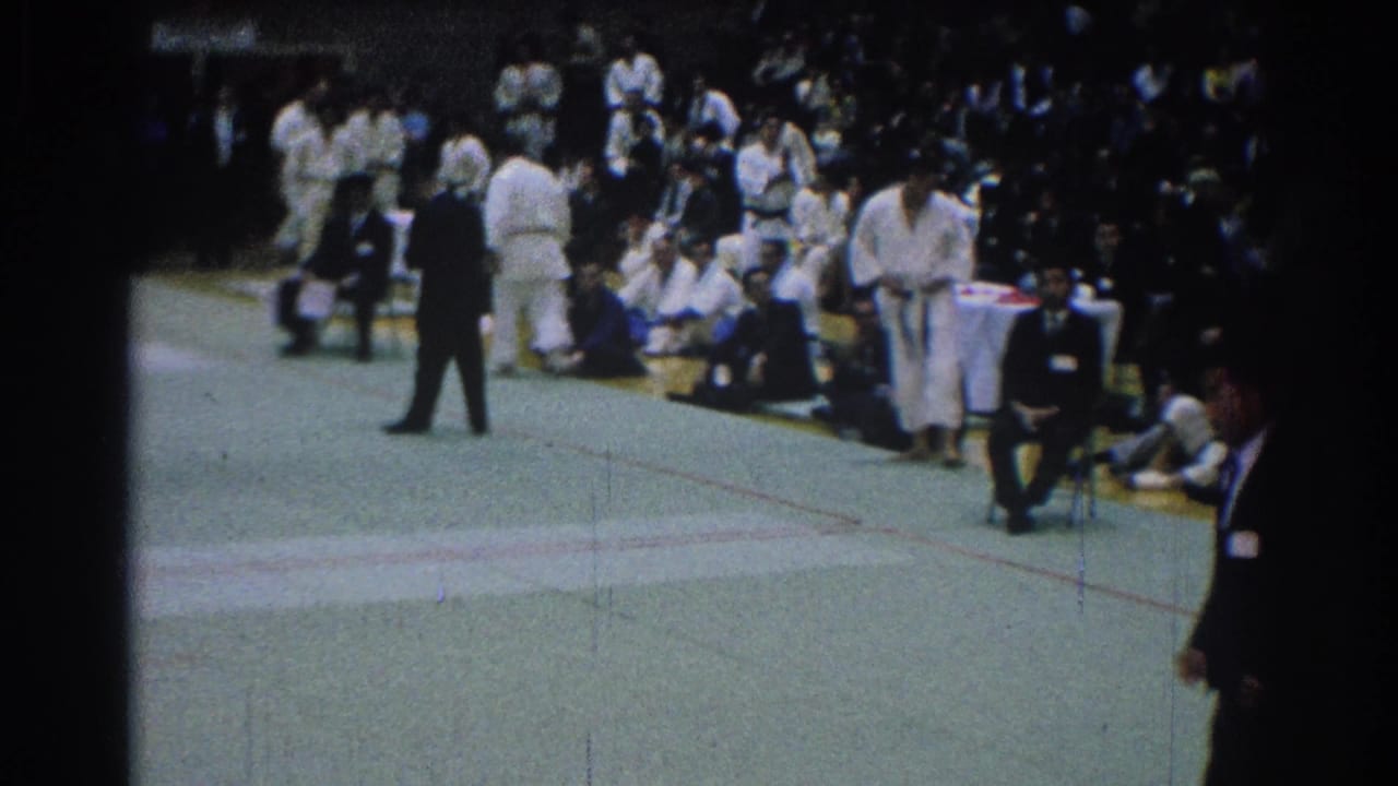 Karate competitors and officials stand near spectators seated beside the mat.