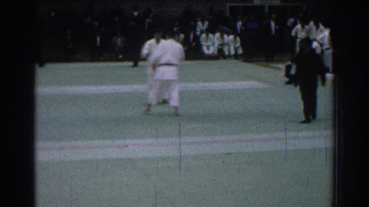 Two judo competitors stand on a green mat with a referee and seated participants nearby.