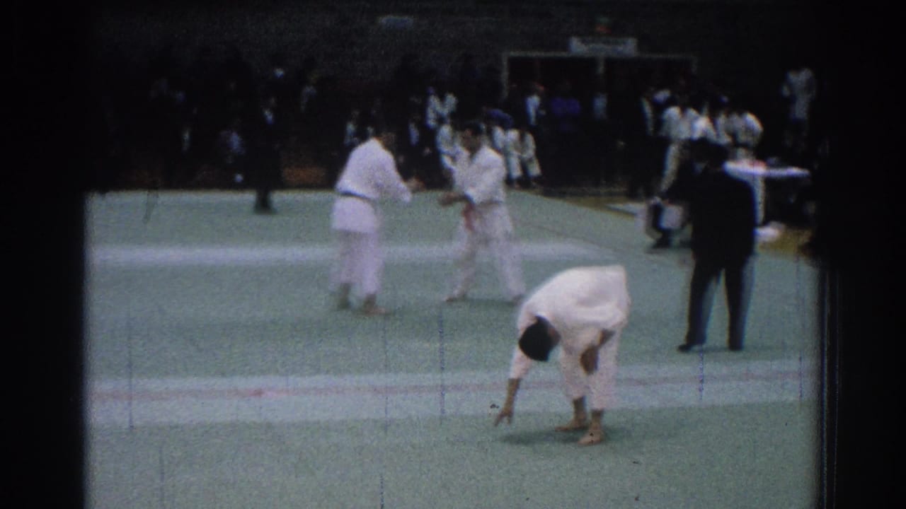 Karate competitors on a green mat with one person bowing in the foreground.