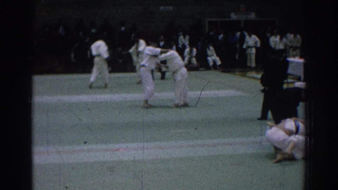 Two martial arts competitors in white gi face each other on a green gym mat.