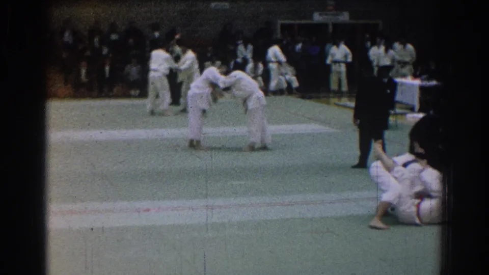 Two martial arts competitors in white gi face each other on the green mat, with spectators and a dark-clothed official visible along the sideline.