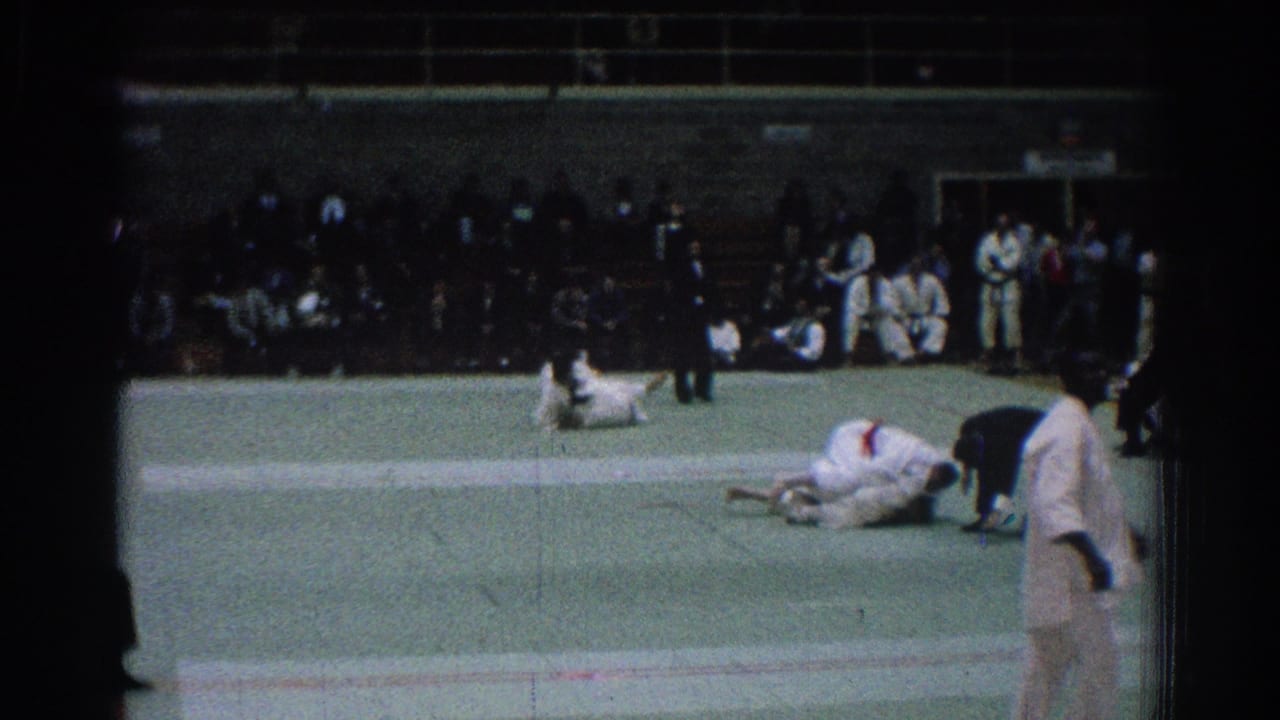 Judo competitors grapple on a green mat while a referee and spectators watch.