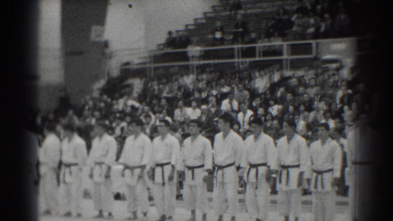 Line of judo competitors stands before bleachers filled with spectators.