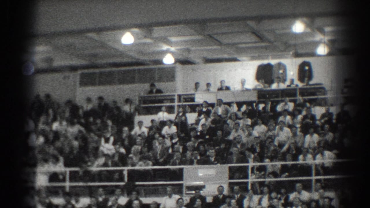 A large audience sits in gymnasium bleachers beneath overhead lights.