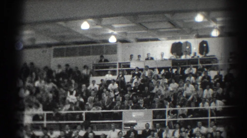 San Gabriel gymnasium audience seated in bleachers during a 1966 school assembly or community event.