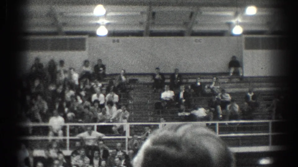 Wide gymnasium view from the assembly, with seated spectators across the bleachers and a foreground head at the lower edge.