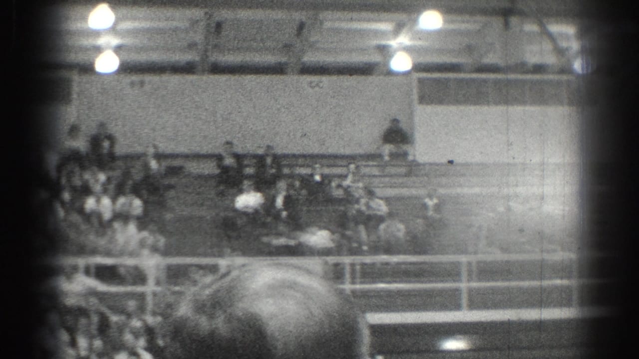 Crowd seated in bleachers inside a gym, with film edge shadows and overhead lights visible.