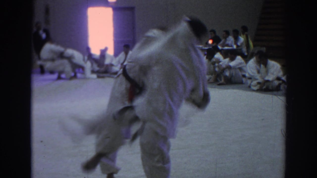 Two martial artists in white gi move on a mat while spectators sit around a gym.