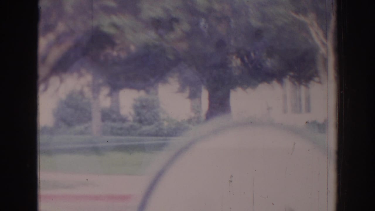 Soft 8mm view from a moving car window in Temple City, with trees, lawn, and a pale house frontage blurred by motion.