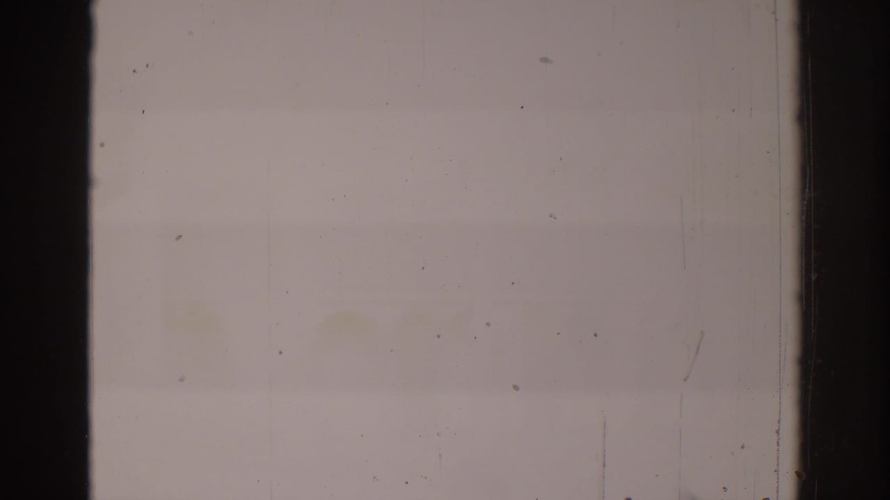 Overexposed frame with pale background, central dark divider, dust marks, and faint scratches.