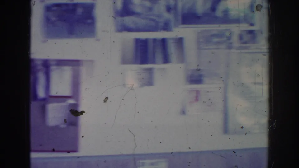 The final frame shows a soft, scratched 8mm view of martial arts photos and notices on a Temple City school wall in 1966.