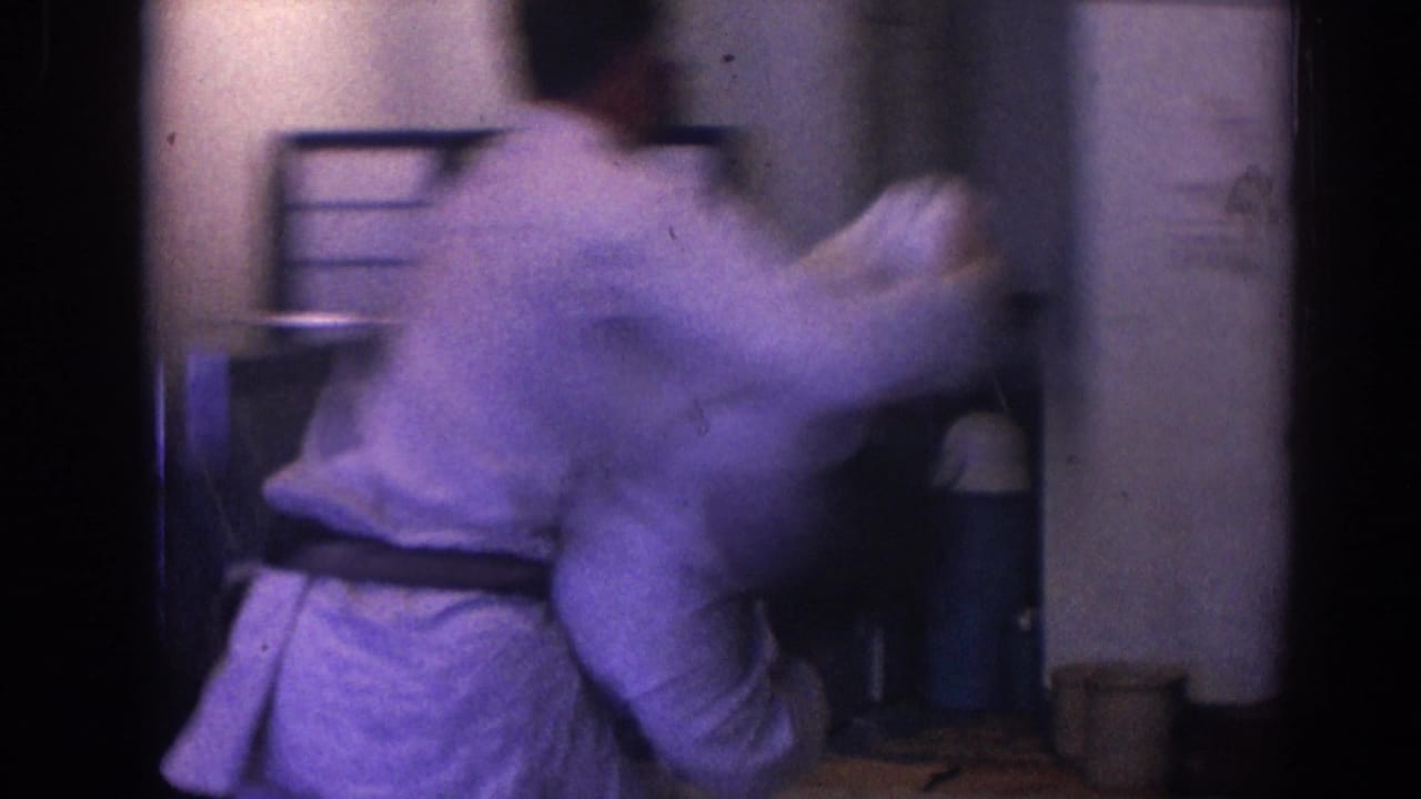 1966 Temple City home-movie frame showing two men in white gi during a fast, blurred karate demonstration inside a modest dojo.
