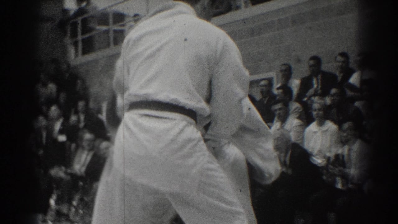 Karate competitor in a white gi seen from behind near seated spectators.